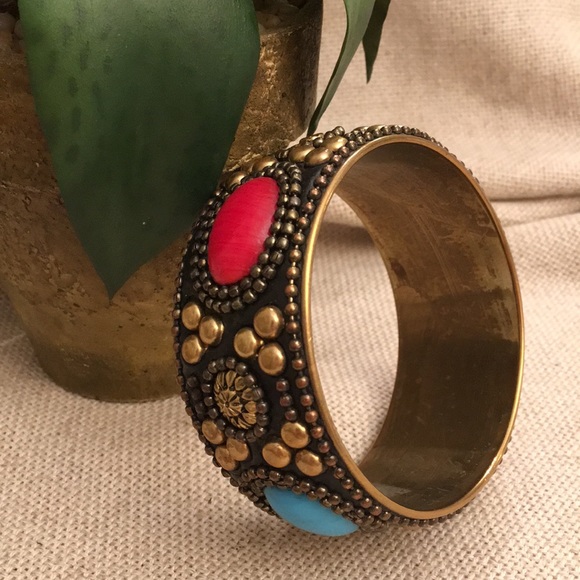 Boho Chic Brass Bangle Glass Cabochons Brass Studs - Picture 4 of 11